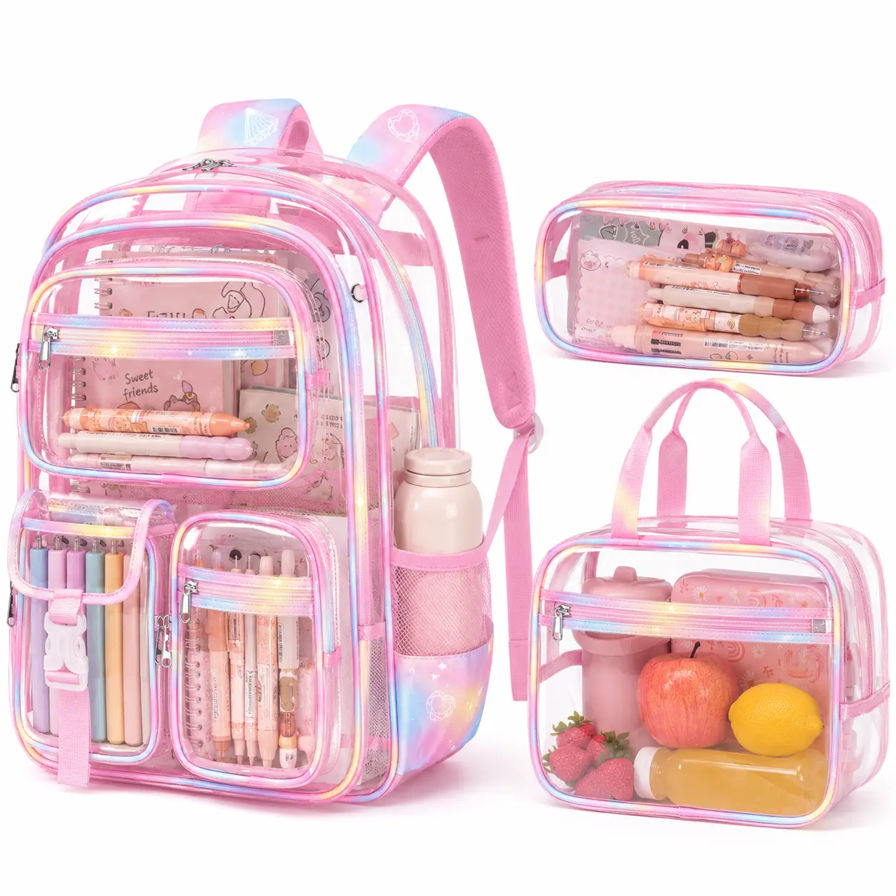 Clear Backpack with Lunch Box & Pencil Case - 3 PCS Heavy Duty Transparent PVC Schoolbag Large Waterproof Bookbag for Travel School Concert Stadium Events Organisers