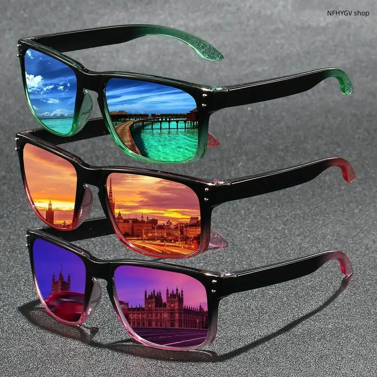 3pcs chunky square sporty sunglasses featured with UV400 protection. Equipped with gradient mirrored tinted lenses for clear vision and eye defense. Trendy street style design, comfortable to wear. Great protective eyewear for driving.