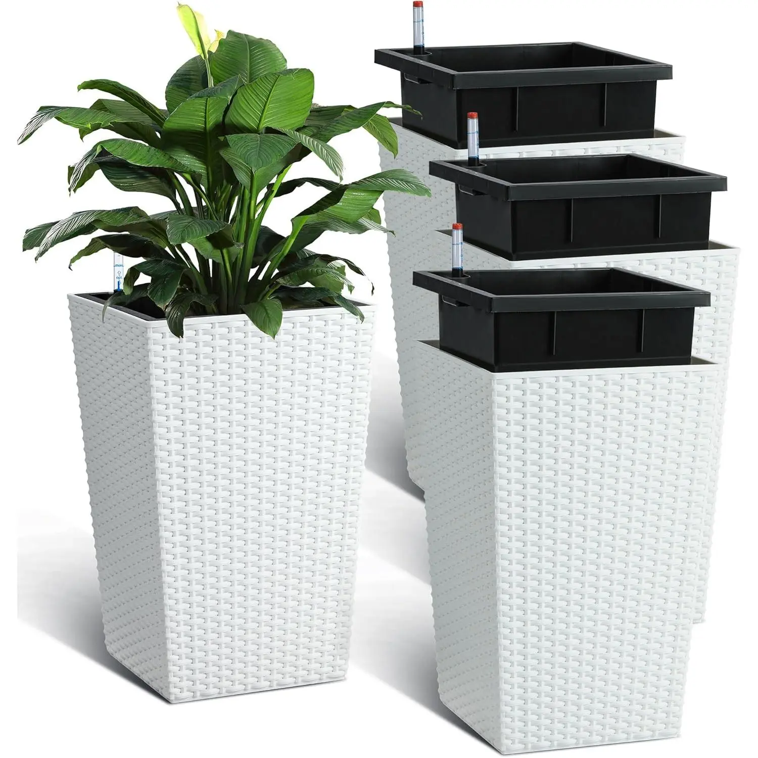 Garvee Set of 4 Self-Watering Tall Planters – 16 Inch Modern Flower Pots – Sturdy Outdoor & Indoor Pots with Detachable Inner Planter, Drainage & Water Level Gauge – Ideal for Patio, Balcony, Porch, Entryway, White