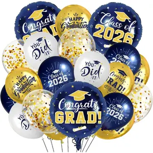 Navy Blue and Gold Graduation Balloons Graduation Decorations 2026, 51Pcs Grad Latex Balloons and Grad Foil Balloon with Confetti Ribbons Grad Party Decorations for College High School