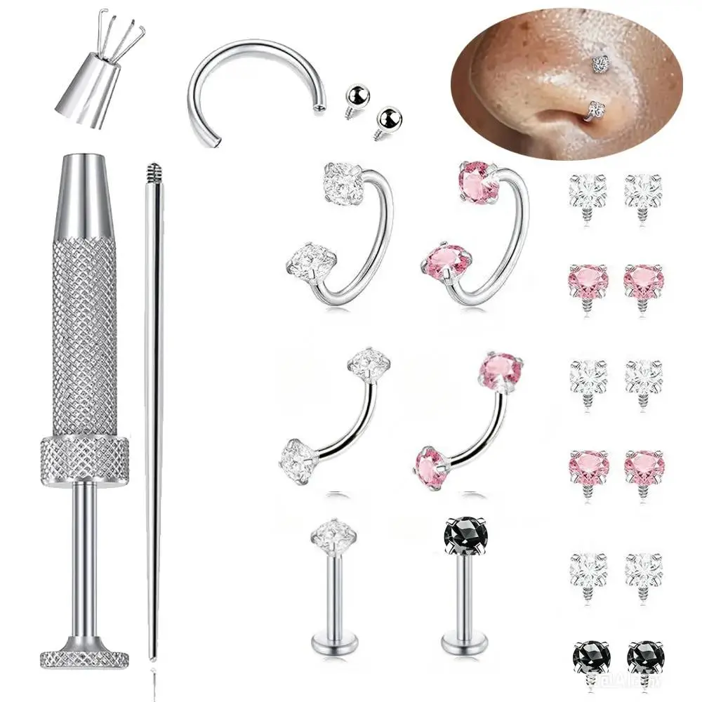 Horseshoe Nose 6pcs Value Pack 316L medical-grade titanium steel 18G 1.0mm Horseshoe Nose Hoop Internally Threaded Gems Nose Ring with Free Ball Holder & Guiding Needle #backtoschool