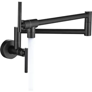 Matte Black Pot Filler, Pot Filler Faucet Wall Mount, Brass Folding Stretchable with Double Joint Swing Arm Single Hole Two Handles Kitchen