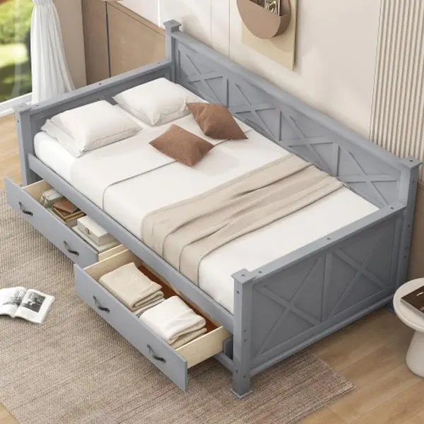 Bellemave Twin Size Daybed with X-Shaped Wooden Frame, 2 Large Drawers, Headboard and Storage, Modern-Rustic Casual Indoor Bedroom Furniture for Bedroom