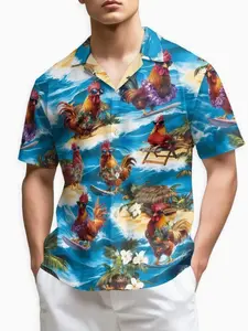 Men's Hawaiian Shirt with Fun Rooster Pattern, Lightweight Breathable Button Beach Shirt, Casual Loose Fit Tropical Vacation Wear