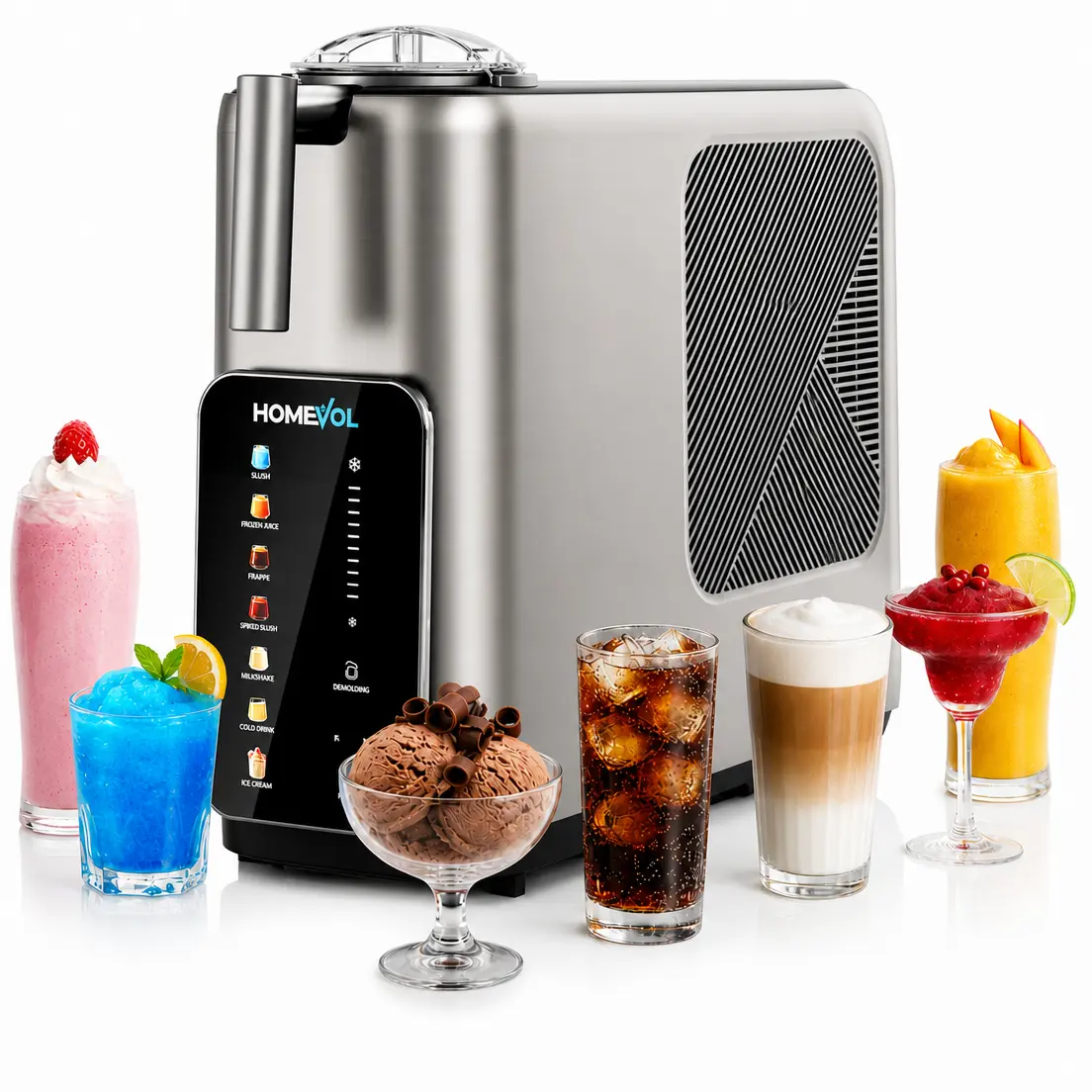 HOMEVOL 3-in-1 Household Kitchen Frozen Drink Maker, Slushie Machine, Ice Cream Maker, Cold Drink Chiller with 7 Pre-Set Modes, 10 Texture Levels, 304 Stainless Steel, 1.3L Capacity Silver White