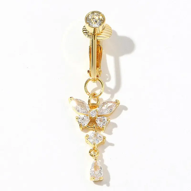 Rhinestone Decorated Butterfly Pendant Design Fake Navel Ring, Women's Fashionable Body Jewelry for Party, Daily Clothing Decor, Trendy All-match & Exquisite Jewelry for Birthday Gift, Belly Button Rings, Cute Jewelry, Clip Belly Piercing