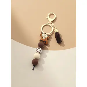 Highland Cow Silicone Beaded Keychain with Tassel Cute Cartoon Punk Style Animal Theme Lobster Clasp Ideal Gift for Friends Colorful Beads Safe Material