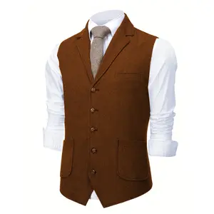 Men's Herringbone Tweed Suit Vest Casual Wool Blend Waistcoat
