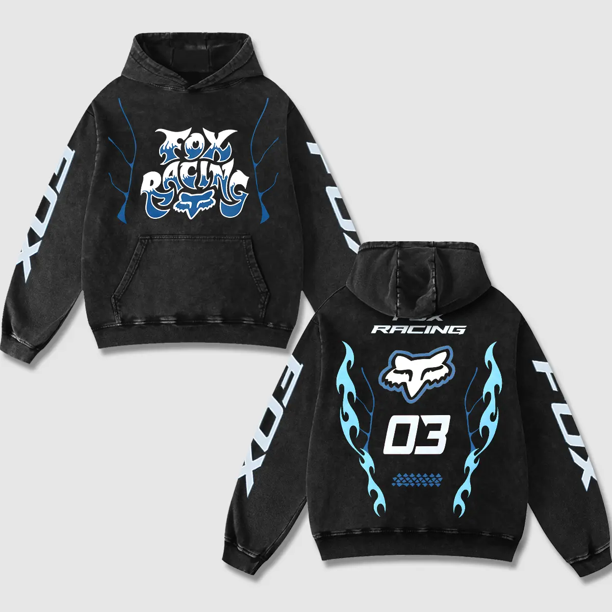 Retro Fox Racing 03 Acid Washed Hoodie Motorcross World Champion Enthusiast Apparel Streetwear Racing Team Motorcycle Clothing Motobike Riders Supermotor Off-Road Dirt Bike Fan Gear Cotton For Motor Fan