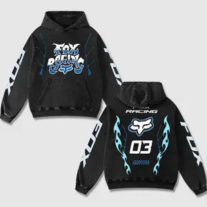 Retro Fox Racing 03 Acid Washed Hoodie Motorcross World Champion Enthusiast Apparel Streetwear Racing Team Motorcycle Clothing Motobike Riders Supermotor Off-Road Dirt Bike Fan Gear Cotton For Motor Fan
