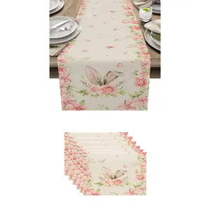 7pcs,Easter Table Runner Set, Spring Coffee Table Decor, Rustic Cow Print Farmhouse Table Decoration, Bunny Flower Stand Home Decor