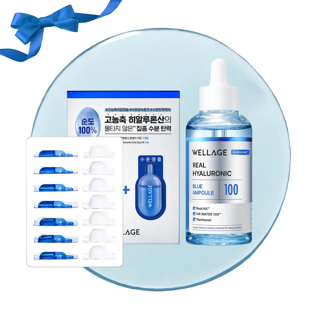 Wellage HYALURONIC DUO  | Real Hyaluronic Blue Ampoule 75ml (2.54 fl.oz) + Real Hyaluronic Oneday Kit 7ea with Lightweight, 100% Pure Hyaluronic Acid for Deep Hydration and Dewy Skin, Korean Skincare Set