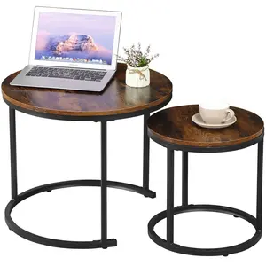 SuperDeal Set of 2 Round Coffee Table Home Office Balcony with Metal Frame, Rustic Brown
