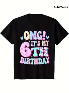 6th Birthday Boys & Girls T-Shirt - OMG! It's My 6th Birthday with Hearts & Balloons Design - Soft Breathable Cotton Short Sleeve Round Neck Casual Party Outfit for 6 Years Olds - Machine Washable - Ideal for Birthday Party & Summer Wear