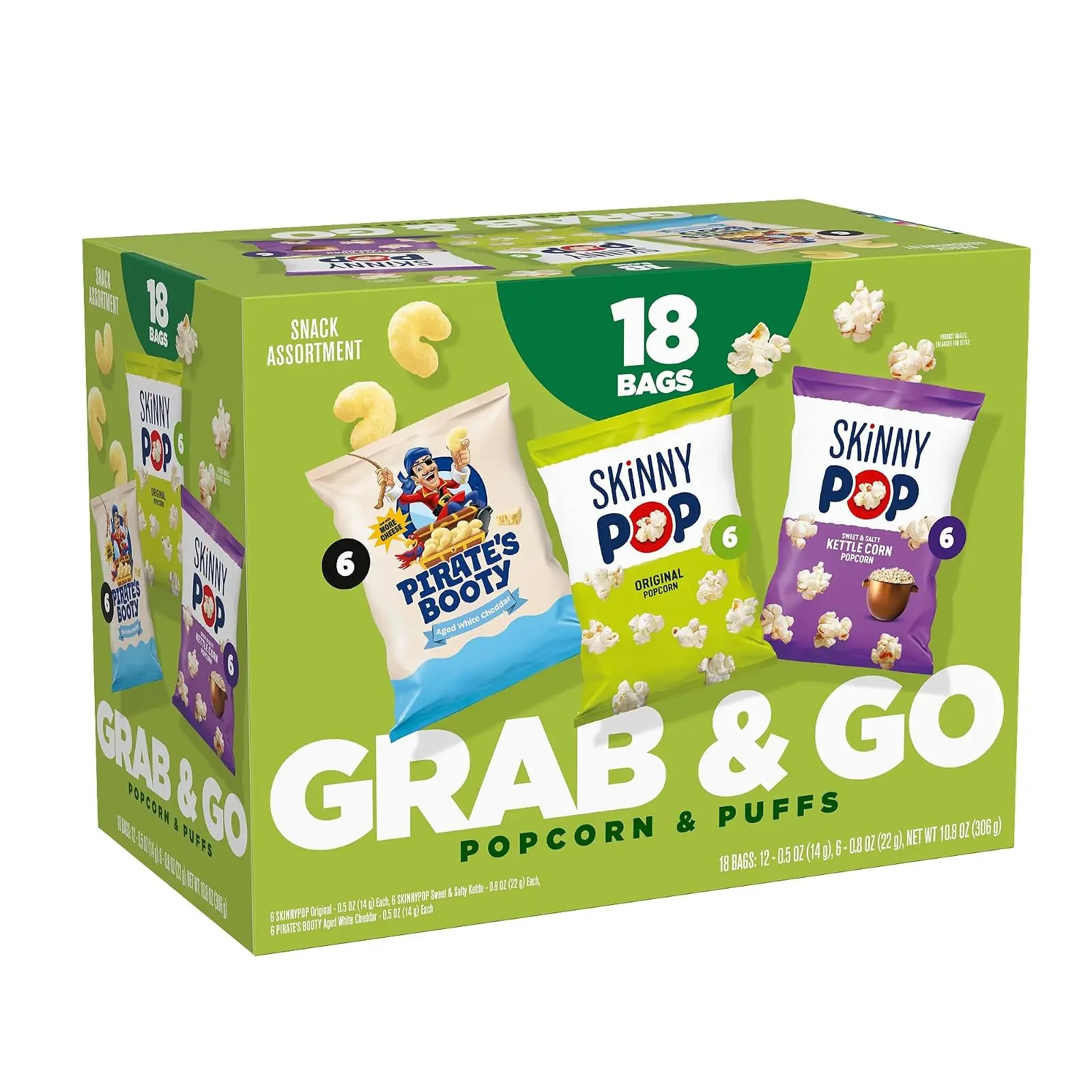 SkinnyPop Popcorn & Pirate's Booty Cheese Puffs, Snacks Variety Pack, 18 ct | Original Popcorn, Kettle Corn and Pirate's Booty Cheese Puffs, Gluten Free Variety Snack Bags for On-the-Go, 18 bags