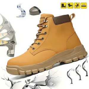 Men's Solid Color Classic High Top Steel Toe Puncture Proof Safety Boots Comfy Non Slip Durable Lace Up Work Shoes Constructional Industrial Footwear Fathersdaygift Boy