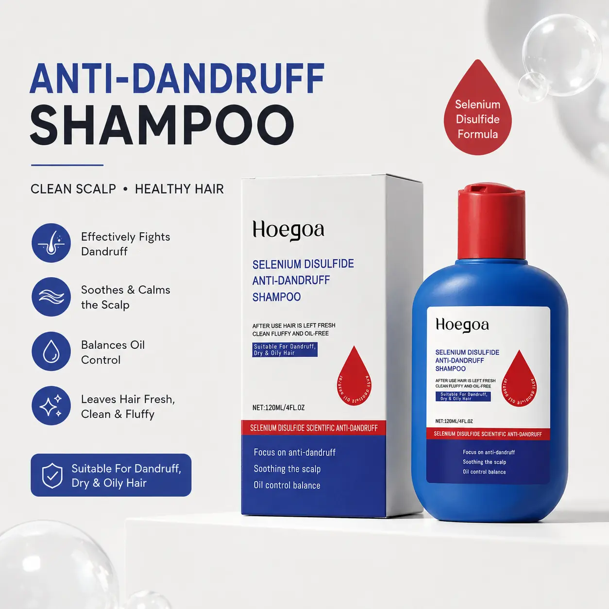 Hoegoa Selenium Sulfide Anti-Dandruff Shampoo Cleanser Liquid - Clinical Strength Scalp Care for Unisex Adults, Fine Hair, Itchy Flaky Scalp, Deep Cleansing, Soothing, Oil Control, Purifying, Nourishing, 120ml (Straight & Wavy, Dyed Hair)