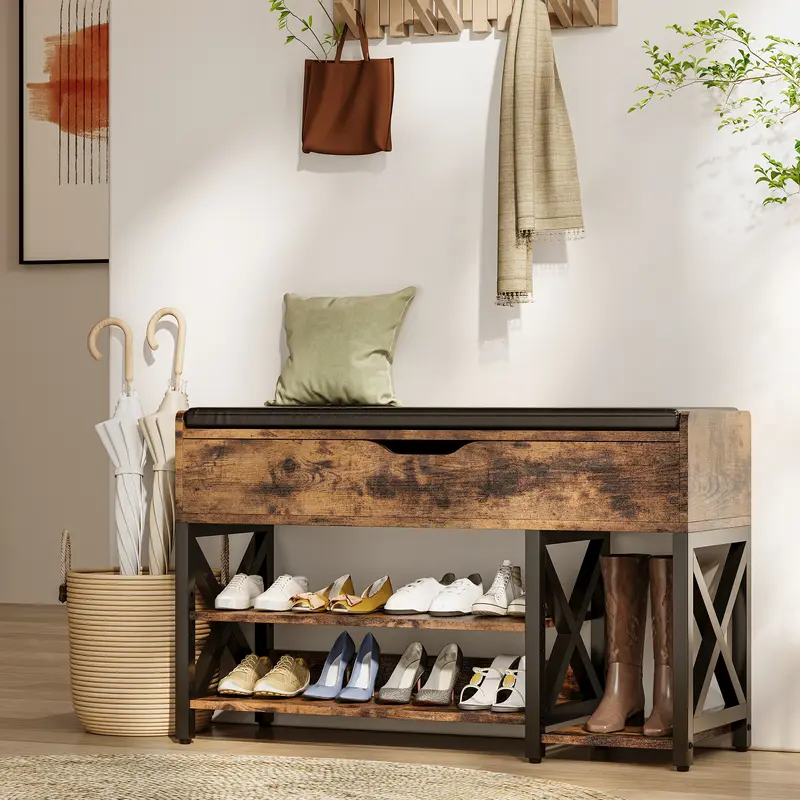 InnoD Rustic Rectangular Lift-Top Shoe Storage Bench with Quilted Leather Cushion, Metal Frame, Safe Lift Hinges, 2-Tier Adjustable Divider, Boot-Size Shelf, 220 lbs Capacity, Multipurpose Furniture, Vintage Home Decor for Entryway, Quick Setup