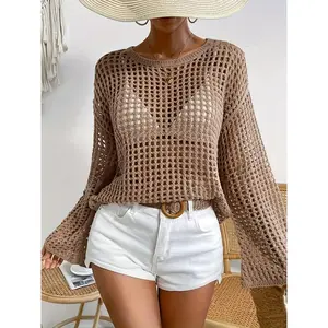 Women's Plain Hollow Out Crochet Sweater, Casual Long Sleeve Boat Neck Jumper for Summer, Fashion Women's Knitwear for Daily Wear, Tops