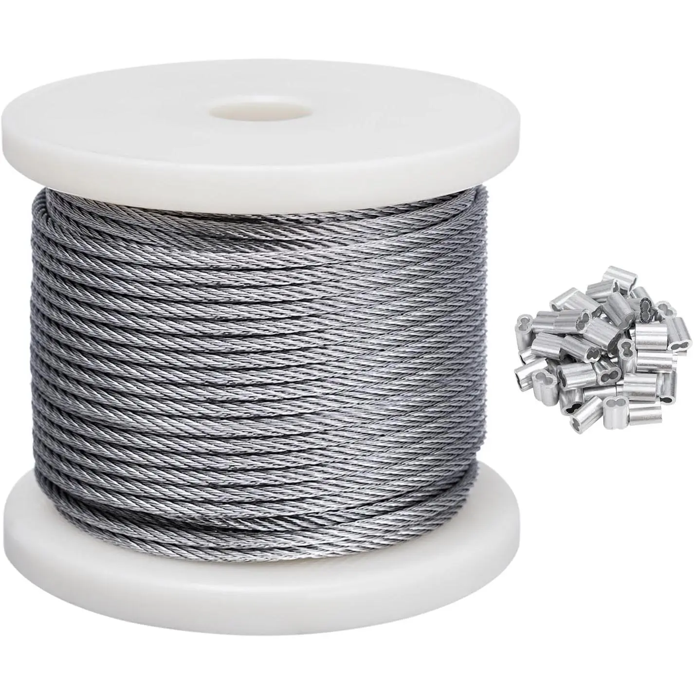 1/8 in Diameter Stainless Steel Aircraft Wire Rope - 100ft, 7x7 Strands, 50 Sleeves, 1700 lbs Capacity - Indoor Outdoor for Crafts, String Lights