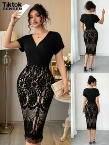 Women's Slim Fit Lace Patchwork Dress, Casual Long Sleeve Short Dress, Plain Style, All Seasons, Perfect for Daily Wear, Womenswear