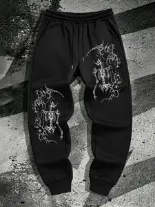 Men's Loose Fit Dark Skeleton Embroidery Sports Pants, Y2K Punk Street Style Print, Trendy Fashion Choice, All Seasons Sporty Pants