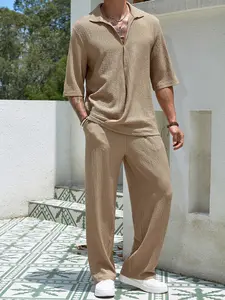 Men's Khaki Textured 2-Piece Loungewear Homewear Set - Short Sleeve Collared Shirt & Drawstring Waist Pants, Lightweight Breathable Fabric, Relaxed Fit for At-Home Lounging, Lazy Weekends & Casual Evenings