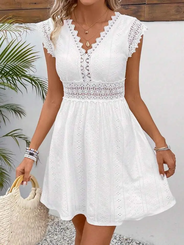 Women's Casual Knit Top, Solid Deep V Neck Vacation Pullover with Cap Sleeves, Semi-Sheer Hollow Out Design, Casual Wear, All Seasons, Dry Clean