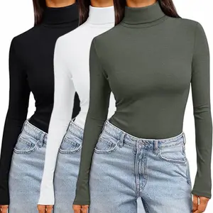 Women's 3-Pack Turtleneck Shirts, Solid Long Sleeve Slim Fit Tops, Lightweight Thermal Base Layer for Fall Winter Wear, Longsleeves