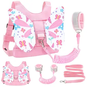Toddler Harness Leash, 3 in 1 Cute Butterfly Kids Leash + Anti Lost Wrist Link for Outdoor Travel, Adorable Child Walking Harness Wristband Assistant Strap Belt Protector for Baby Girls (Pink)