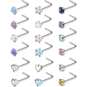 18G 20G  Nose Rings Studs Surgical Steel Opal Heart  Nose Stud Cubic Zirconia Nose Piercing  for Women Men Straight L Shaped Screw Style