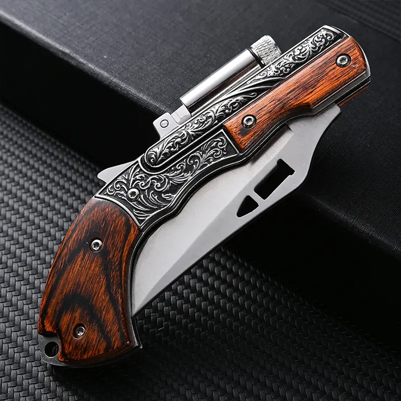 Wood Handle Engraved Tactical Folding Knife Built-in Mini LED Flashlight Portable EDC Pocket Knife For Camping Hiking Self Defense Outdoor Survival Gear