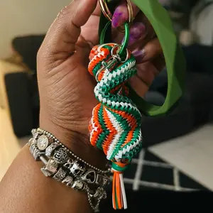 Green and Orange Boondoggle Colorful Bag Charm with Multiple Strings of Plastic Lanyard String Adorable Spiral Stitch Design Nostalgic Collectible