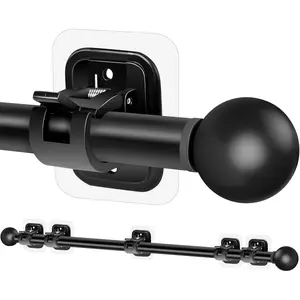 Curtain Rods No Drilling for Windows Set 32 to 48 Inch,5/8 Inch Diameter Drapey Pole with No Drill Curtain Rod Brackets,Renter Friendly Cortineros Para Ventanas with Adhesive Holder Hook (Black)