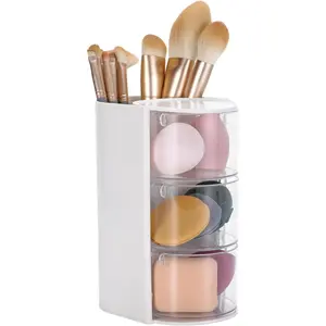 Rotating Hair Accessory Organizer, 3-Tier Transparent Storage Container with Makeup Brush Holder, Hair Clip and  Display Stand, Office organizer