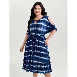 BLOOMCHIC Women's Plus Size Spandex Color Gradient Midi Dress - Keyhole Neckline, Waist Tie-Up, Pocket, Turn-Up Sleeves, Fit Casual Wear - [M-6X] Blue Garment 2026 Summer Vibes Swimweek
