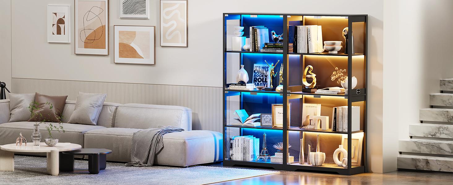MIIFUNY Display Cabinet with Glass Doors, Storage Cabinet with 3 Color Light, 4-Tier Curio Cabinet&Bookcase for Collectibles, Toys, Books, for Playroom, Bedroom, Study Room, Black