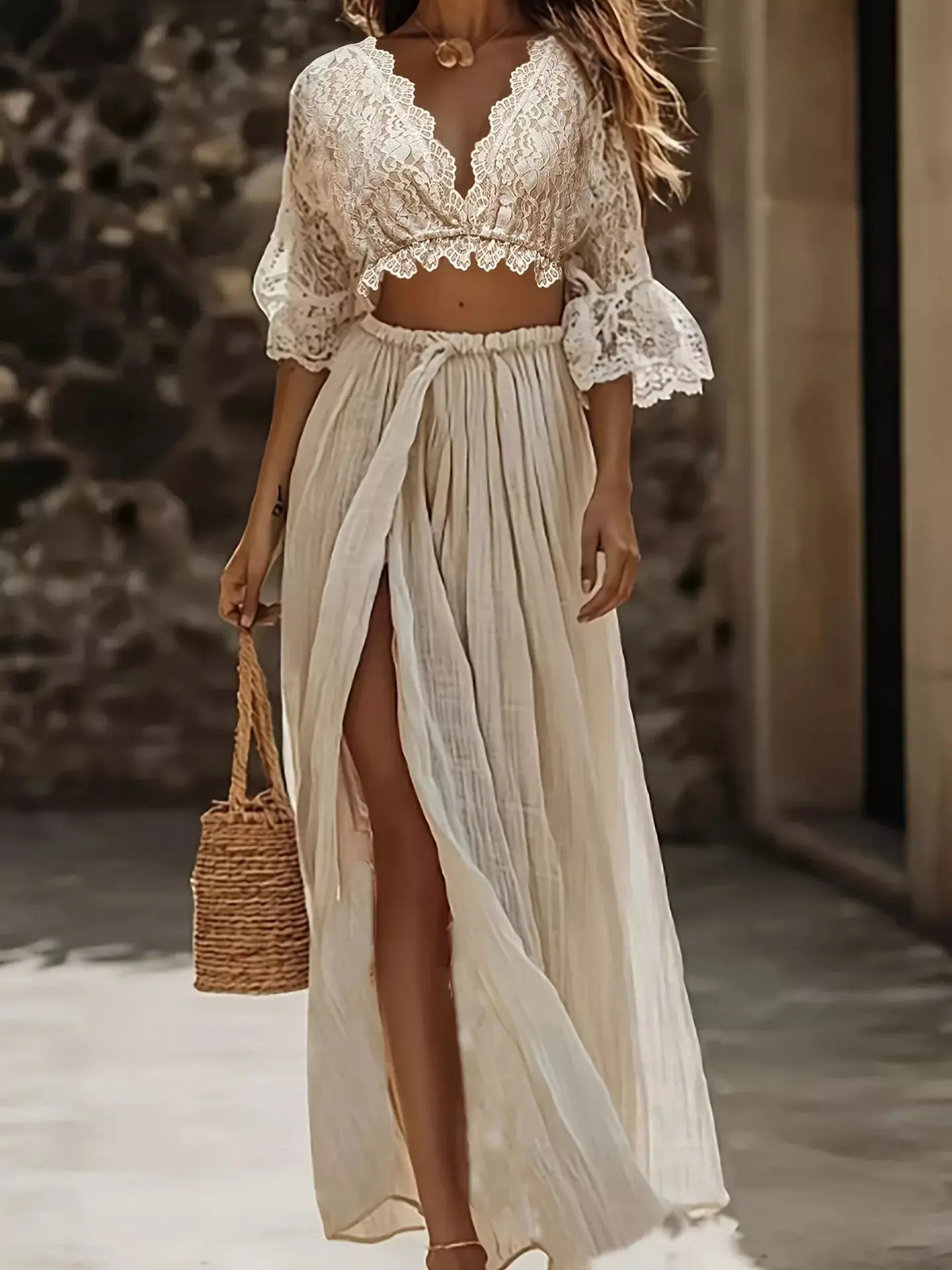 Lace Crop Top & Slit Maxi Skirt Set
