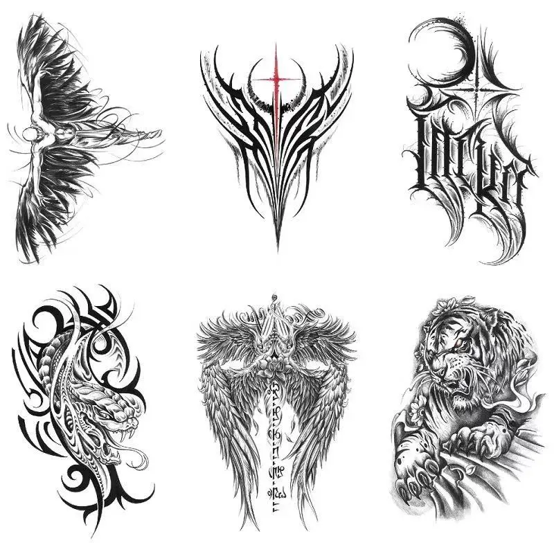 6 pieces of Ukiyo-e colorful angel wings, fancy English, black water transfer temporary tattoo sets, suitable for cross-border sales.