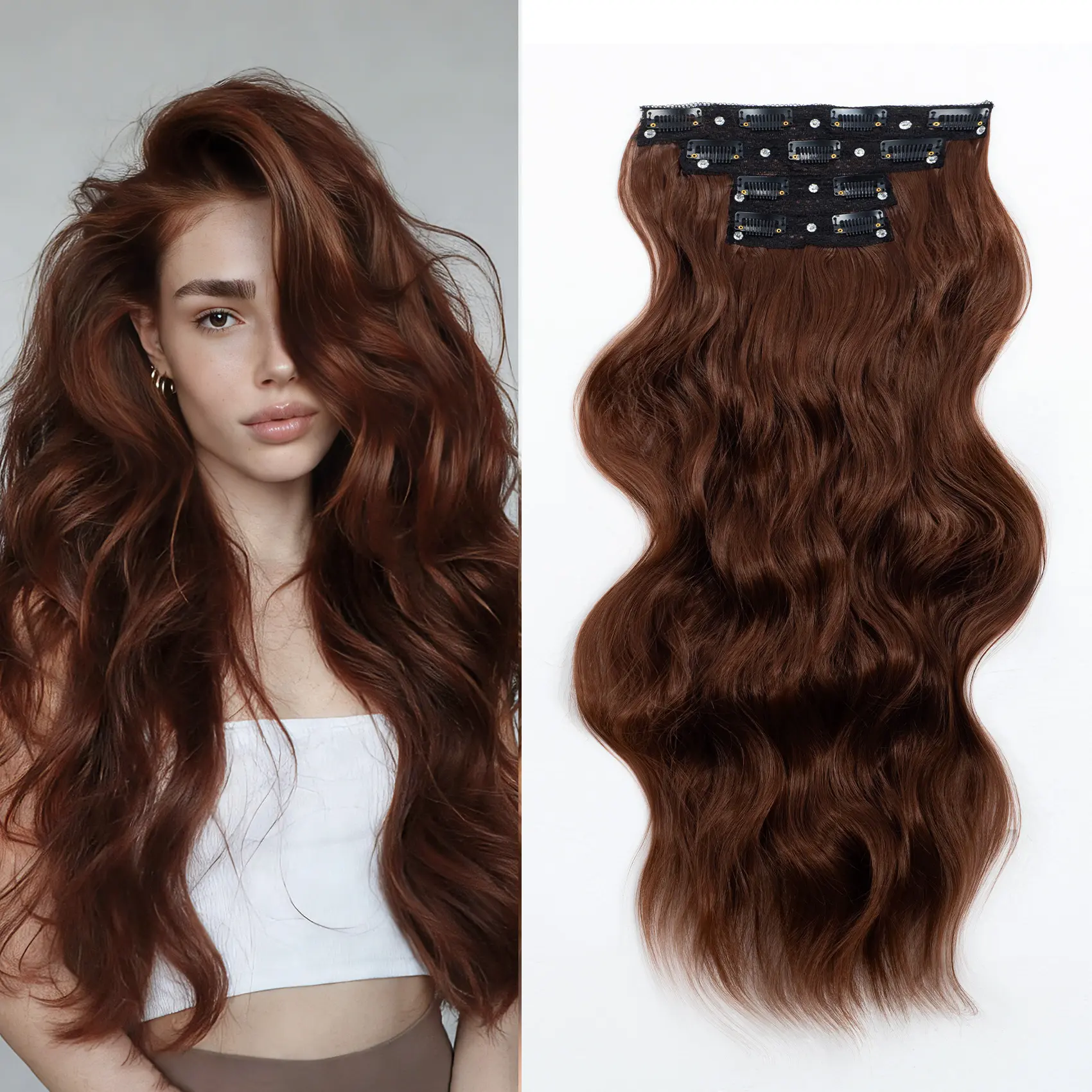 QBEAUTY Women's 24-Inch Long Wavy Clip Hair Extensions, 4PCS Thick Synthetic Soft Hairpieces, Double Weft Lace Weft, 190g Lighter Full Hair, All-Day Comfort, Gift Box Included (Blonde/Brown/Red, Natural-Looking Wig Extensions & Pieces)
