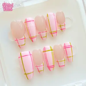 Plaid French Handmade Press-On Nails | Medium Almond Shape, 10pcs | Sweet Plaid French Design | Sheer Nude Base & Pink Green Plaid French Edge & High Gloss Accents | Reusable DIY Nail Kit for Women | Trendy Nails, Nail Art for Spring, Summer