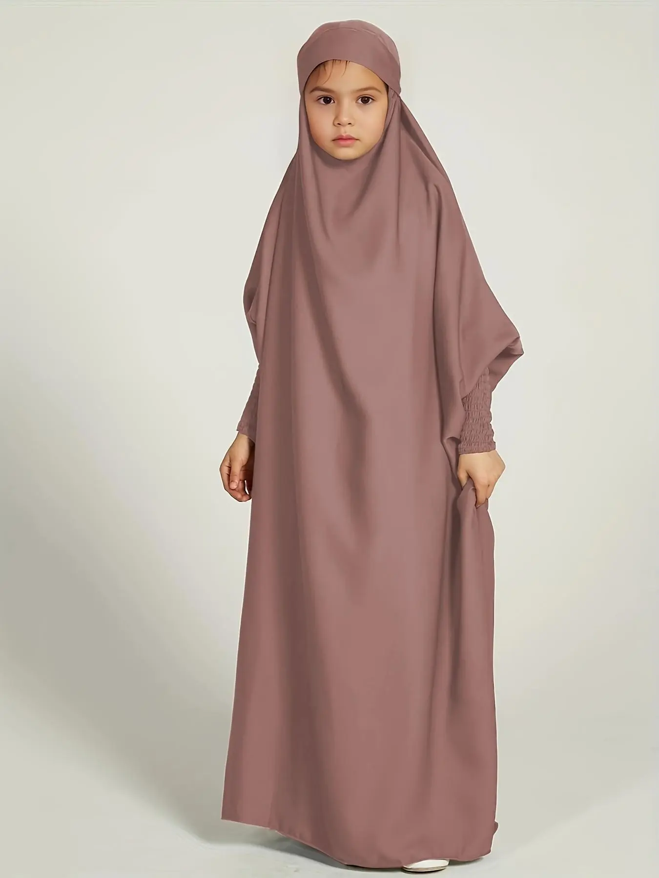 Muslim Girl's Solid Color Shirred Batwing Sleeve Hooded Abaya, Modest Long Sleeve Hooded Maxi Dress for Daily Wear, Kids Islamic Clothing for Spring & Fall, Kids Girls Clothing Modesty
