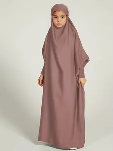 Muslim Girl's Solid Color Shirred Batwing Sleeve Hooded Abaya, Modest Long Sleeve Hooded Maxi Dress for Daily Wear, Kids Islamic Clothing for Spring & Fall