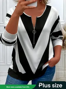 Plus Size Women's V Neck Geometric Striped Zipper Top Blouse Shirts, Perfect Chic Fashion Casual Look, Comfortable Fit, Ideal for Daily Wear