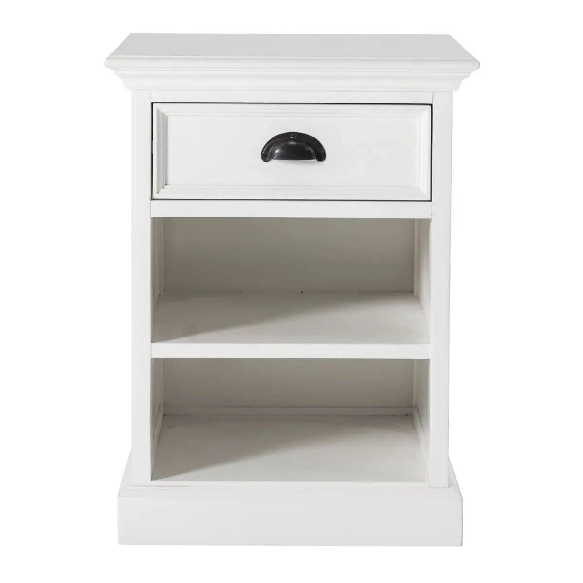 HomeRoots Handcrafted Farmhouse Classic White Bedside Cabinet - 23.62"h x 17.72"w x 16.93"d Wood Nightstand with Crown Molding, Shelves, Bedroom Side Table