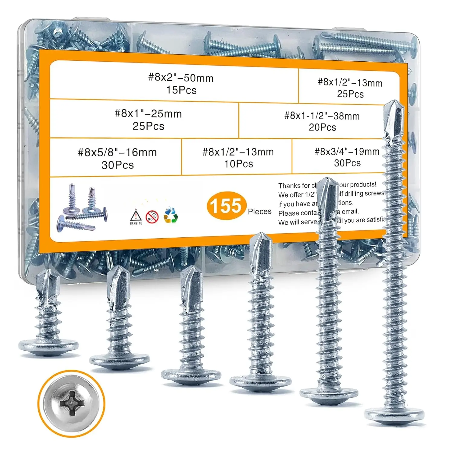 155-Piece #8 Truss Head Zinc-Plated Self-Drilling Tek Screws Assortment Kit, 6 Sizes (2in, 1-1/2in, 1in, 3/4in, 5/8in, 1/2in) with #8x1''-25pcs, Self-Tapping Fasteners for Metal, Plastic, Composite Board, Furniture Assembly