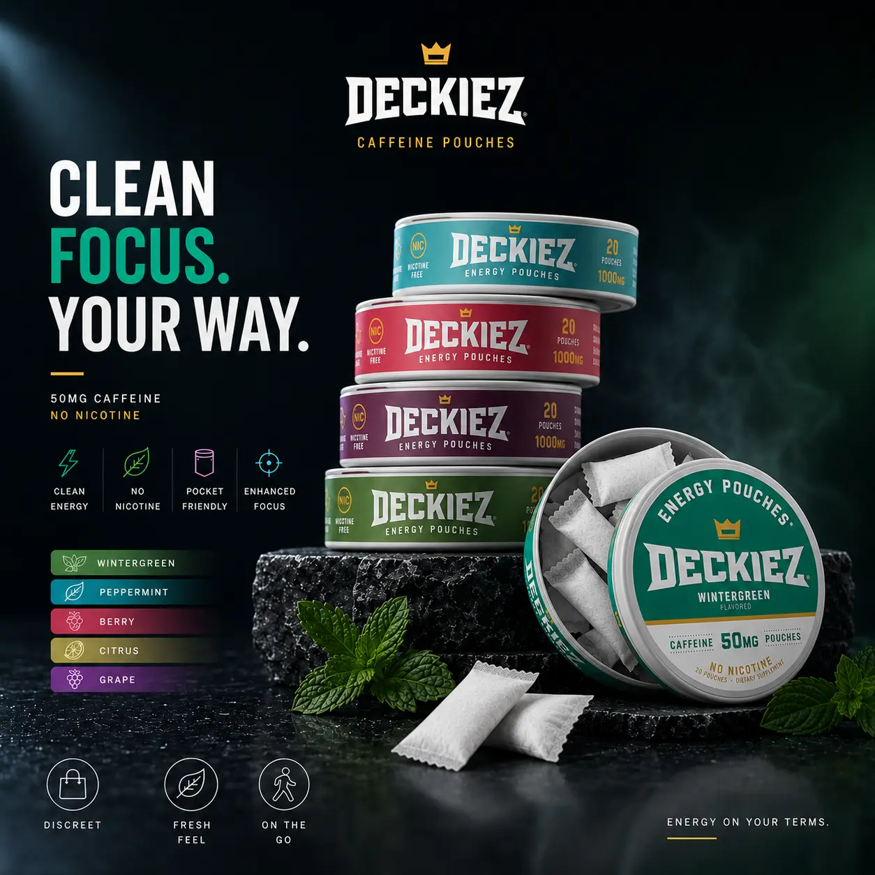 Deckiez Caffeine Energy Pouches Variety Pack - Mint, Berry Blitz, Raspberry Fuego, Wintergreen & Jalapeño Lime
