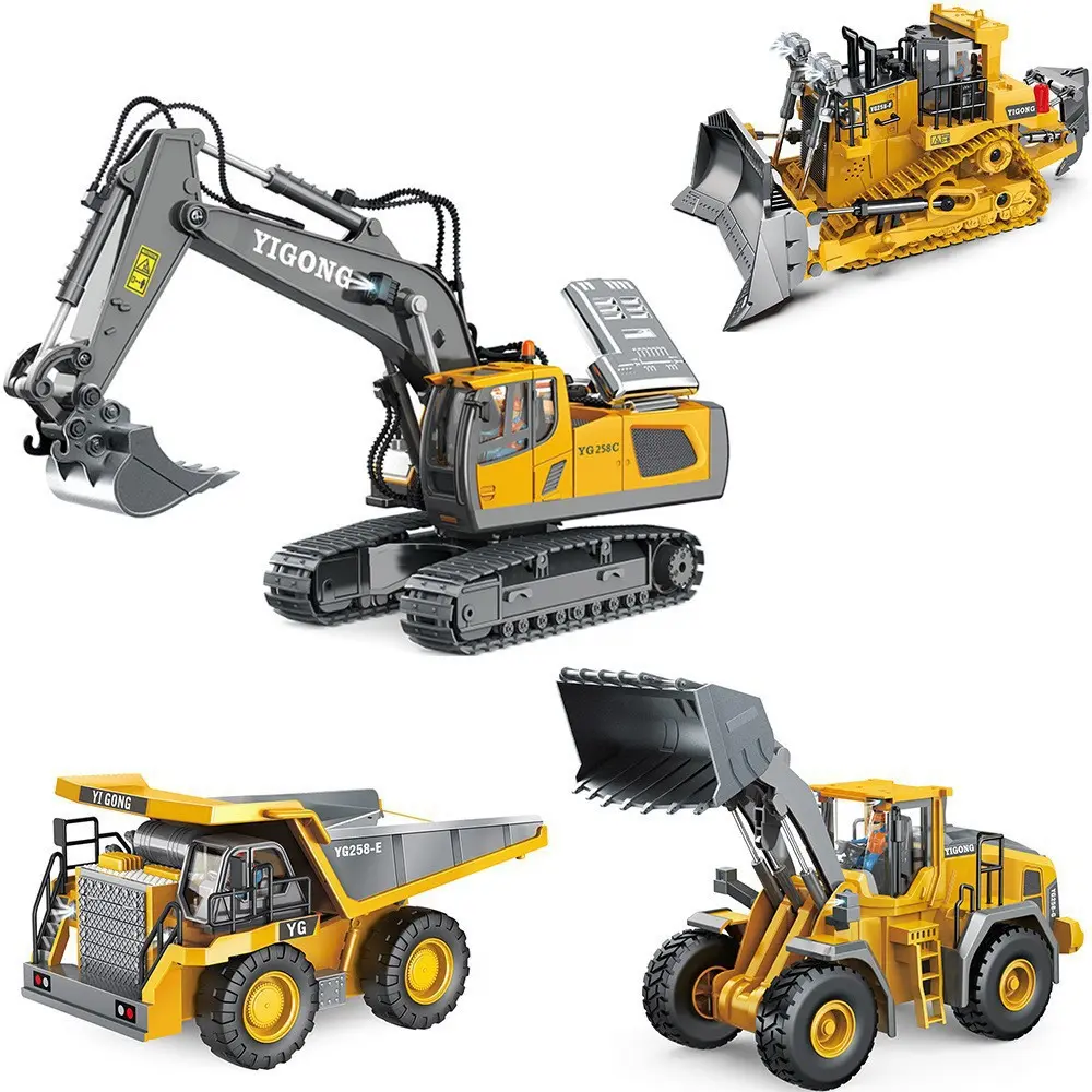 2.4G Alloy Body RC Excavator Dump Truck Set BC1043, Large Rechargeable Wireless Remote Control Construction Toy with Built-in Batteries, Hydraulic Lift Shovel, LED Lights, Music, Realistic Digging, Ideal Boy Gift for 10-12 Years