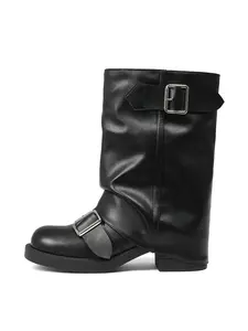 Women's Mid Calf Fold Over Boots with Double Buckle Strap Motorcycle Biker Boots Round Toe Low Heel Slouchy Shark Boots Fall Winter Fashion