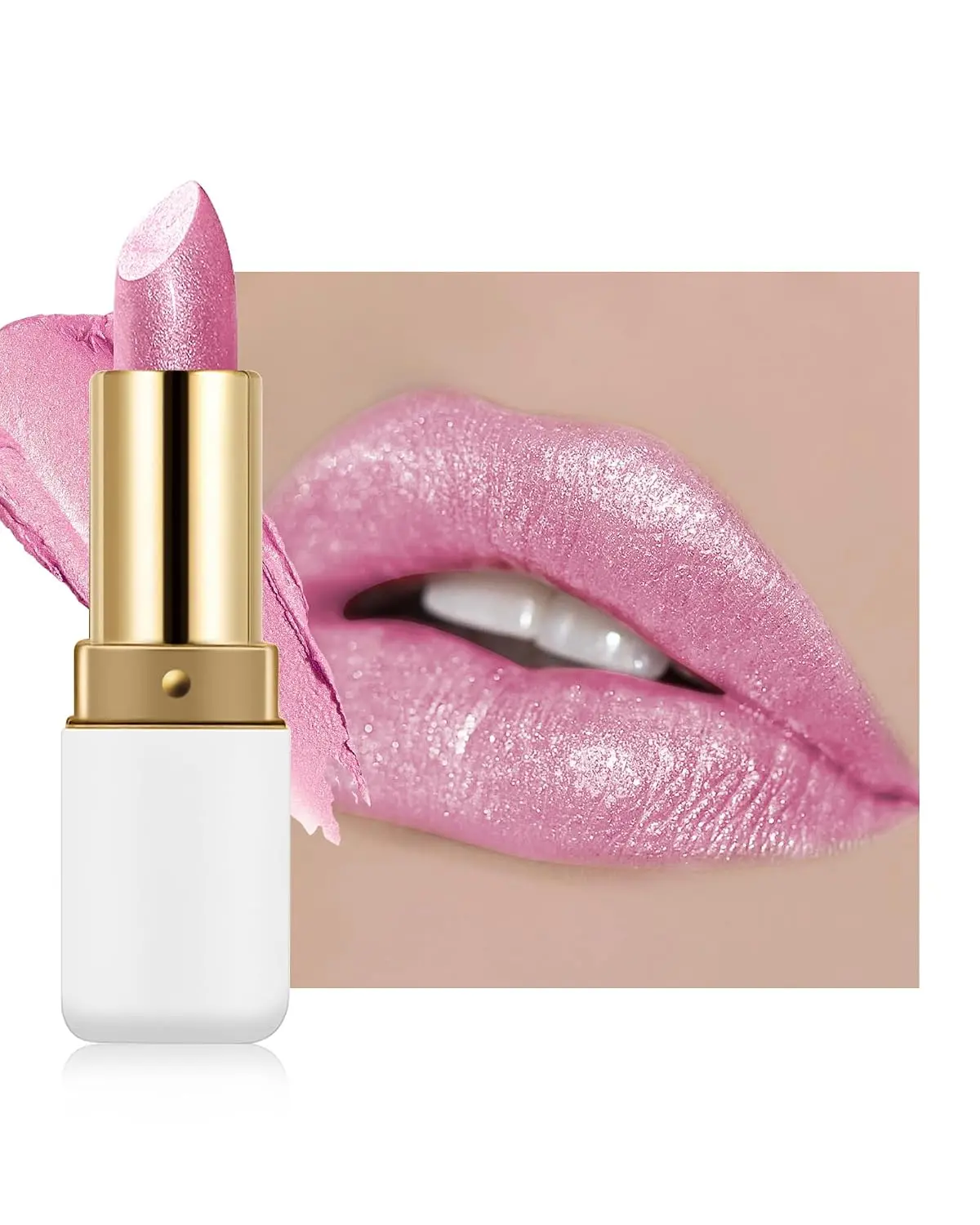 Diamond Glitter Lipstick,Pink Shimmer Matte Metallic Lipstick,High Pigmented Waterproof Long Lasting Lip Gloss, Shiny Non-Sticky Lip Tint Stain,Christmas Mother's Day Lip Makeup Gift for Women